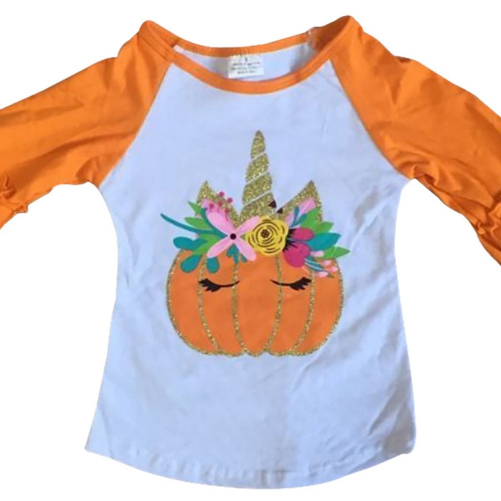 Little Girls Kids Unicorn Halloween Pumpkin Raglan Ruffle Shirt Top Tee T-Shirt